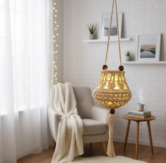 Lampion gehäkelt mit zauberhafter Lichterkette - "Tulipa Beige" - warme Atmosphäre für dein Zuhause