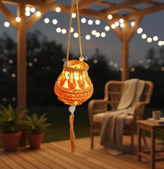 Lampion gehäkelt mit zauberhafter Lichterkette  - "Tulipa Orange mit Herzperle"- warme Atmosphäre für dein Zuhause