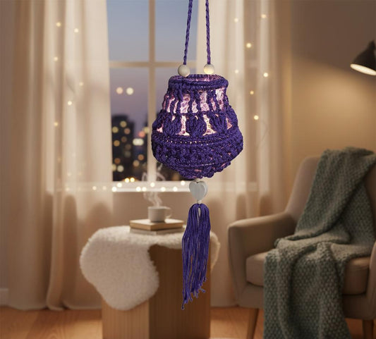 Lampion gehäkelt mit zauberhafter Lichterkette  - "Tulipa Violett mit Herzperle"- warme Atmosphäre für dein Zuhause