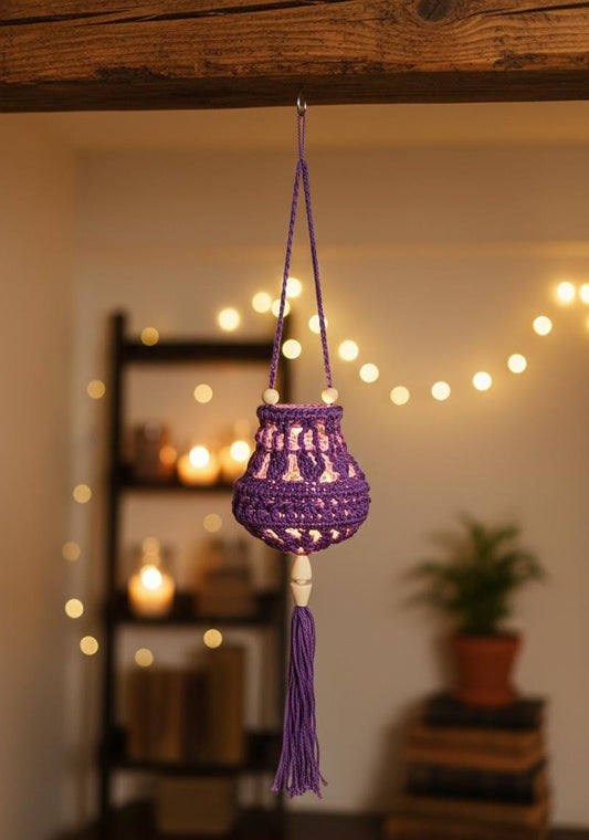 Lampion gehäkelt mit zauberhafter Lichterkette -  "Tulipa Violett mit Kegelperle" -  warme Atmosphäre für dein Zuhause