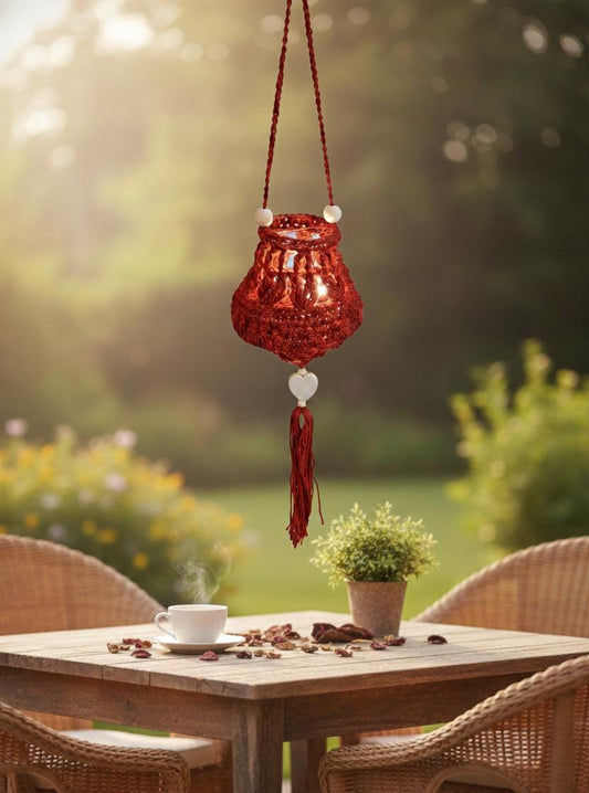 Lampion gehäkelt mit zauberhafter Lichterkette  -"Tulipa Weinrot mit Herzperle"- warme Atmosphäre für dein Zuhause