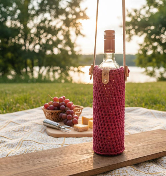 Flaschentasche St. Laurent“  Handgehäkelter Flaschenhalter mit Echtleder-Details | Edle Geschenkidee nicht nur für Wein-Gourmets